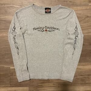 Vintage Harley Davidson T-Shirt Women's Size M Flame Sleeves Gray Y2K Gray